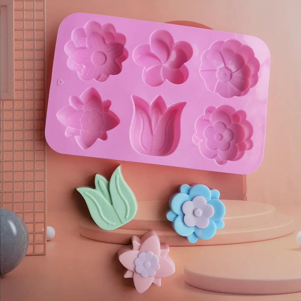 Silicone mold 6 holes flower-shaped rose flower homemade soap candle making easy demould handmade cake chocolate baking