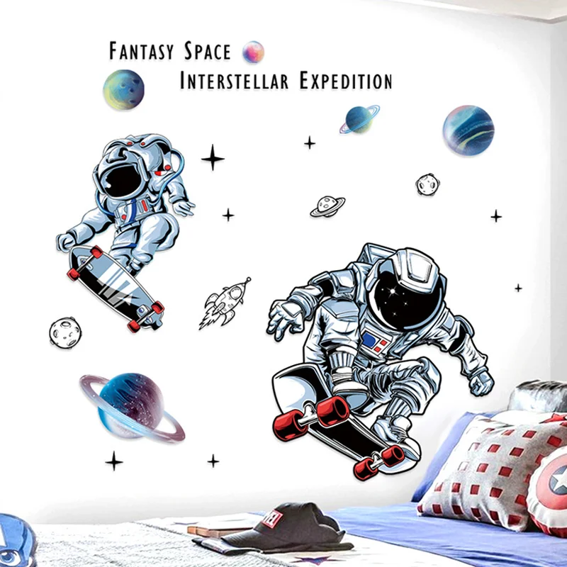 Astronaut Spaceship Wall Static Sticker DIYScrapbook Child Bedroom Study Living Room Porch Background Decor Party Scene Stickers