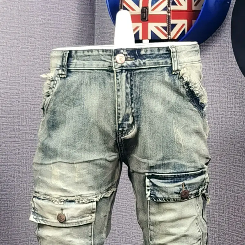 Spring and Autumn 2022 New Distressed Jeans Men's Patch Patch Multi Pocket Slim Fit Feet Trendy Retro Pants