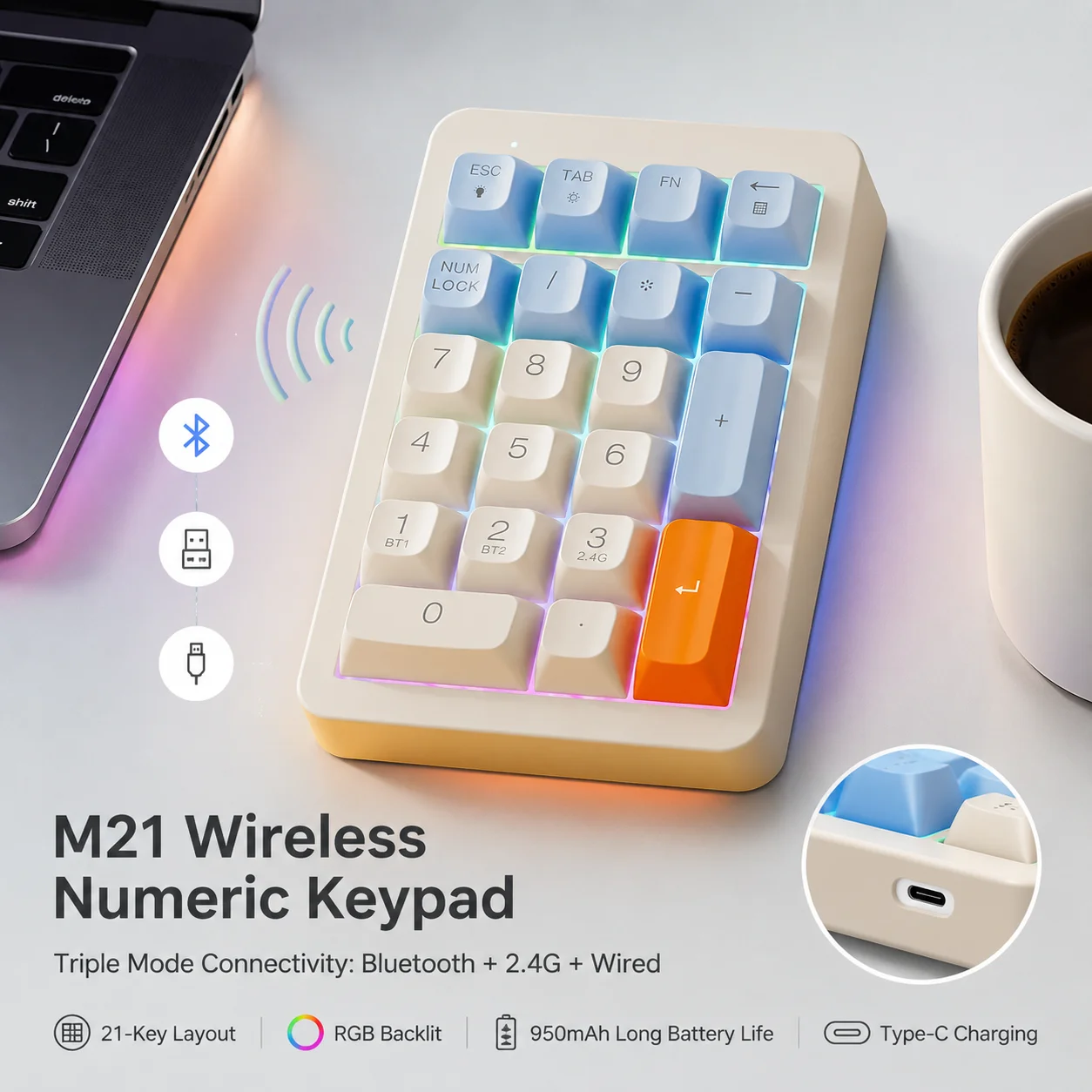 M21 21키 무선 숫자 키패드 블루투스 2.4G 듀얼 모드 Type-C 충전 디지털..