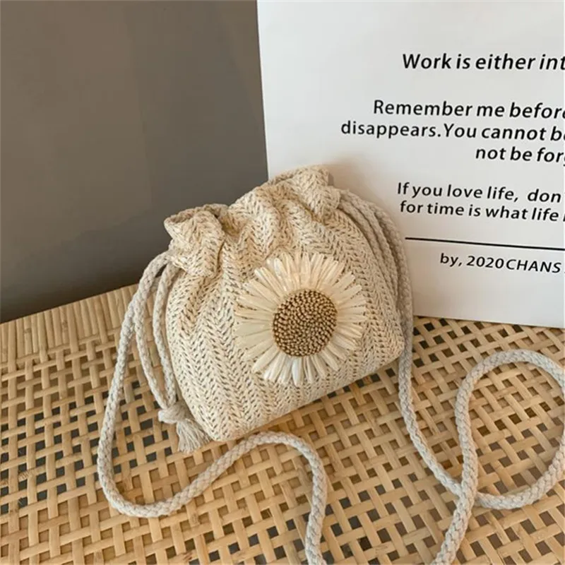 Woven Straw Mini Messenger Bag for Women Drawstring Closure Summer Cute Bucket Bag with Flower Crossbody Bag, Phone Wallet Pouch 3
