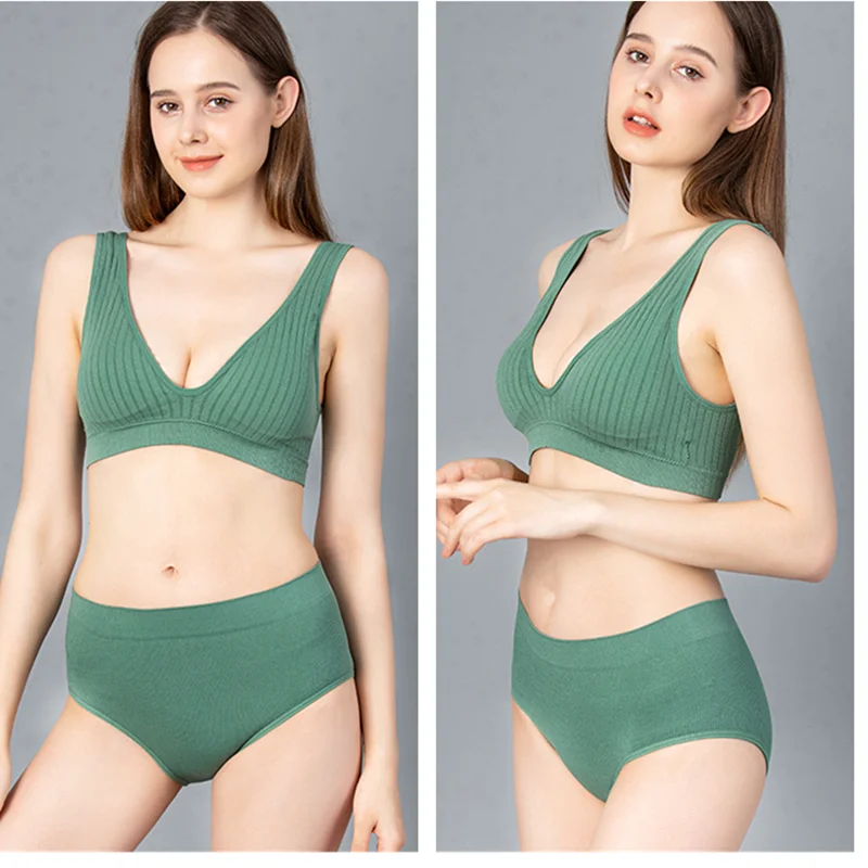 Women's Underwear Seamless Bra Panties Set Female Wirefree Brassiere Top Sports High Waist Briefs V Neck Sexy Lingerie