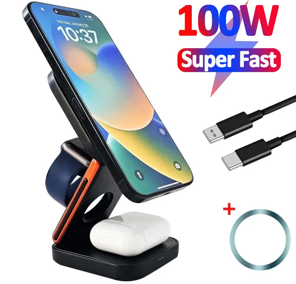 3 in 1 Foldable Magnetic Wireless Charger Stand 100W Fast Charging Station for iPhone 16 15 14 13 12 iWatch 10-2 Airpods Pro Max