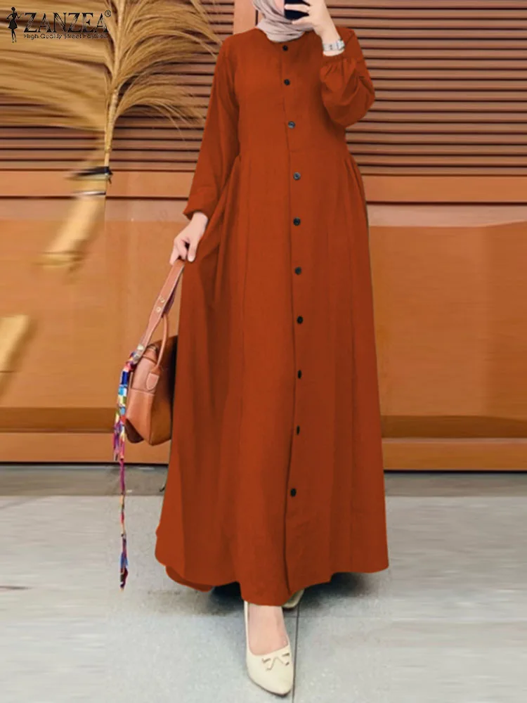 

ZANZEA Woman Fashion Dubai Long Muslim Dress Puff Sleeve Solid Color Maxi Robe Autumn Elegant Party Sundress Vintage Vestidos