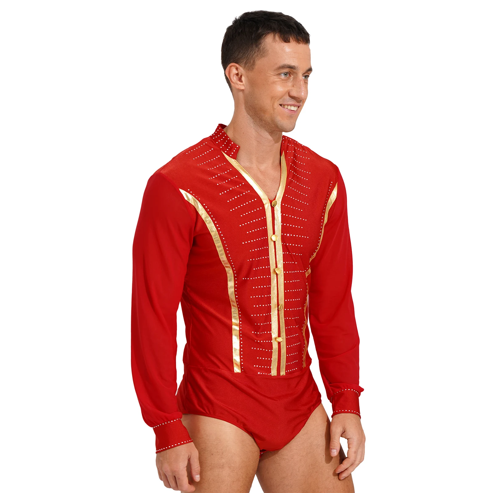 Mens Ballroom Samba Latin Dance Costume Tango Rumba Body Top Shiny Rhinestones Bodysuit V Neck Sheer Mesh Long Sleeve Leotard