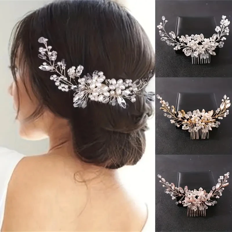 Crystal Rhinestone Pearl Hair Comb Headpiece Sweet Romantic Ladies Bride Party Wedding Jewelry Hair Clip Accessories 1pc