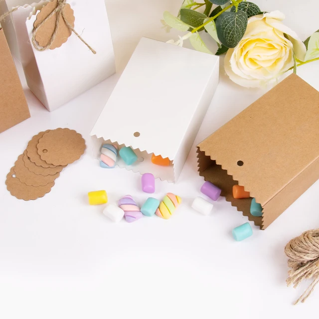 Boîte-cadeau rétro en papier Kraft, 10 à 30 pièces, sac d'emballage de bonbons pour biscuits blancs et bruns avec étiquettes en corde, fournitures cadeaux pour fête d'anniversaire et de mariage 4