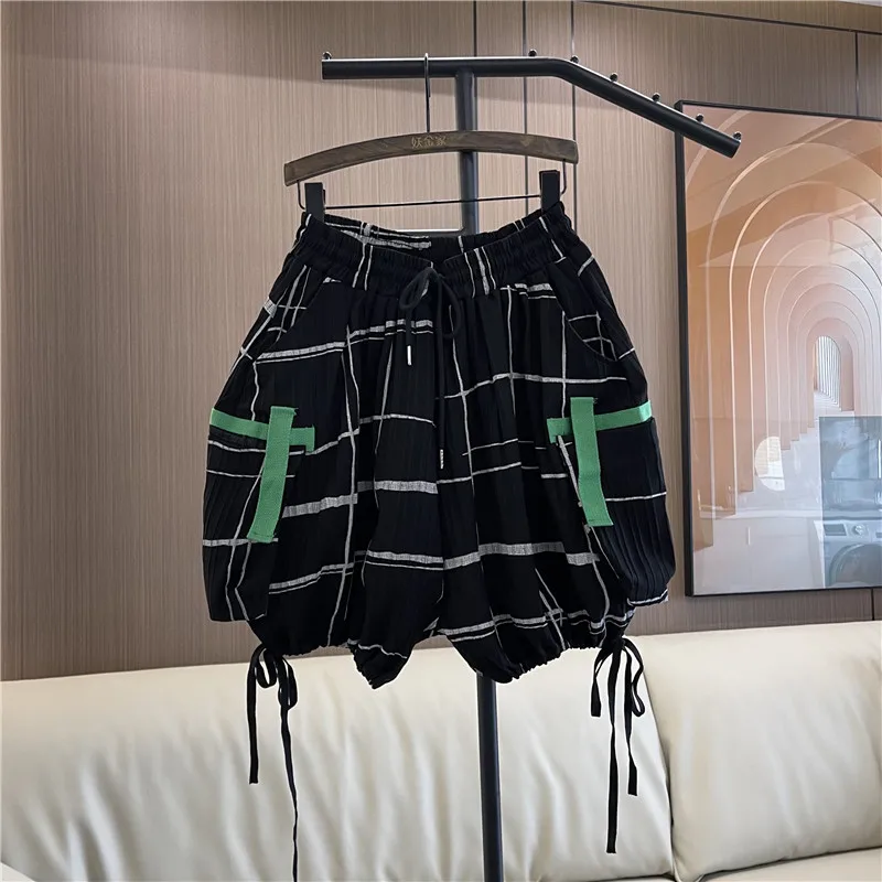 All-Matching Elastic Waist Loose Oversized Casual Short Pants For Women 2024 Summer New Plaid Cool Popular Brand Bloomers Shorts