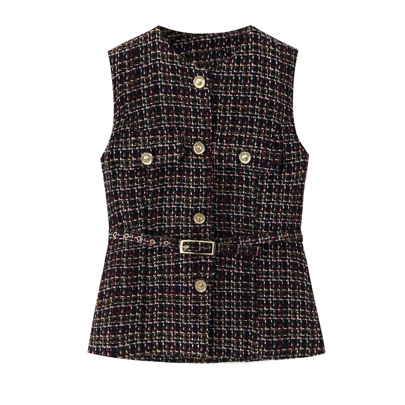 Women's Vest Autumn 2025 New Fashion Textured Waistcoat Woman Button Sleeveless Vests for Women Chic With Belt Outerwears