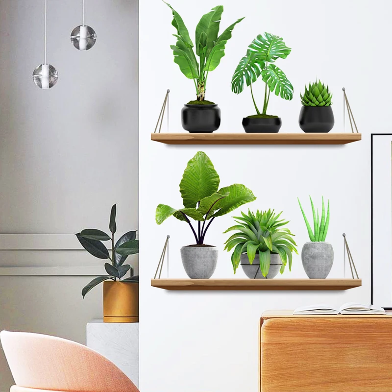 New green potted plant shelf stickers, background wall decoration living room and bedroom self-adhesive wall stickers