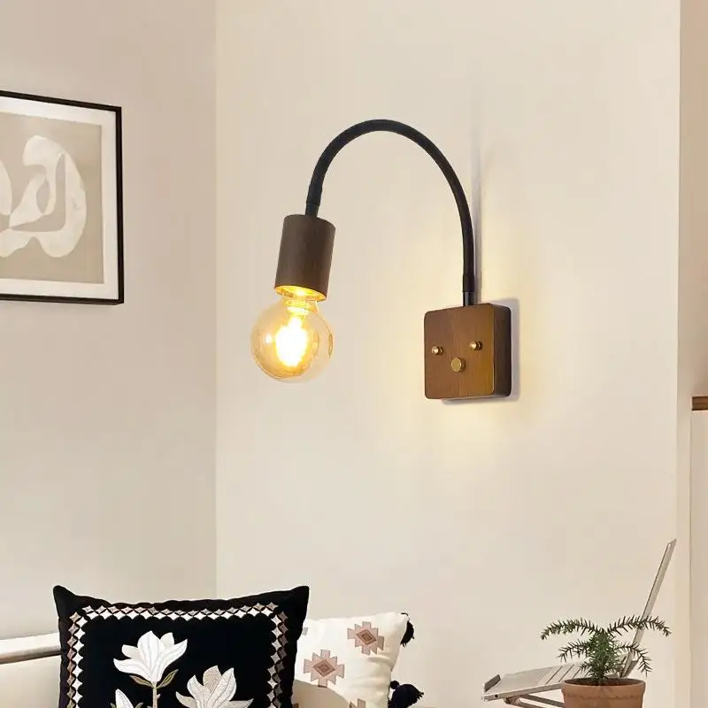 

Walnut Retro Wall Lamp with Switch Adjustable Flexible Hose Wall Light E27 Edison Sconce for Bedroom Bedside Corridor Aisle