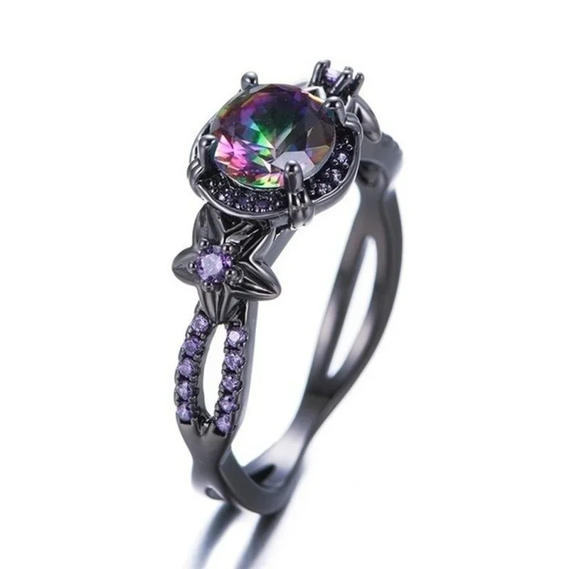 Gold Color Rings Bamas Mystic Rainbow Fire Topaz Flower Ring Purple Amethyst Black Gold Jewelry Size 6-10