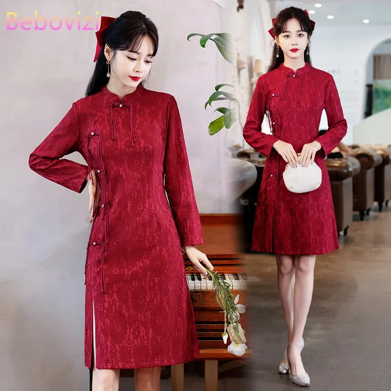 

Autumn Winter Fashion Elegant and Pretty Women Improved Modern Qipao Dresses Chinese Traditional Wedding Red Cheongsam CNY