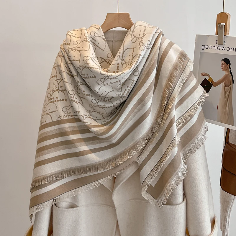 Elegant Striped Design Scarf Imitation Cashmere Soft Warm Versatile Shawl Coldproof Windproof Blanket Scarf for Autumn Winter
