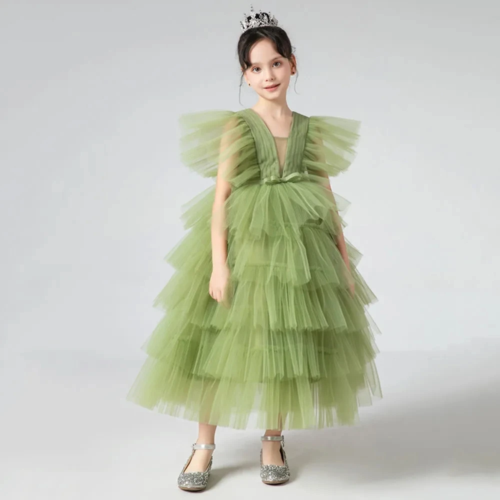 

Green Tulle Tiered Dress for Kids Mesh Evening Gowns Girls Dressing Princess Banquet Costume luxury girl children's party dress