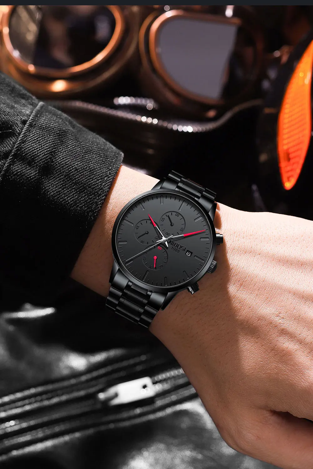 NIBOSI Black Mens Watches Top Brand Luxury Watch Men Waterproof Stainless Steel Chronograph Quartz Wristwatch Relogios Masculino