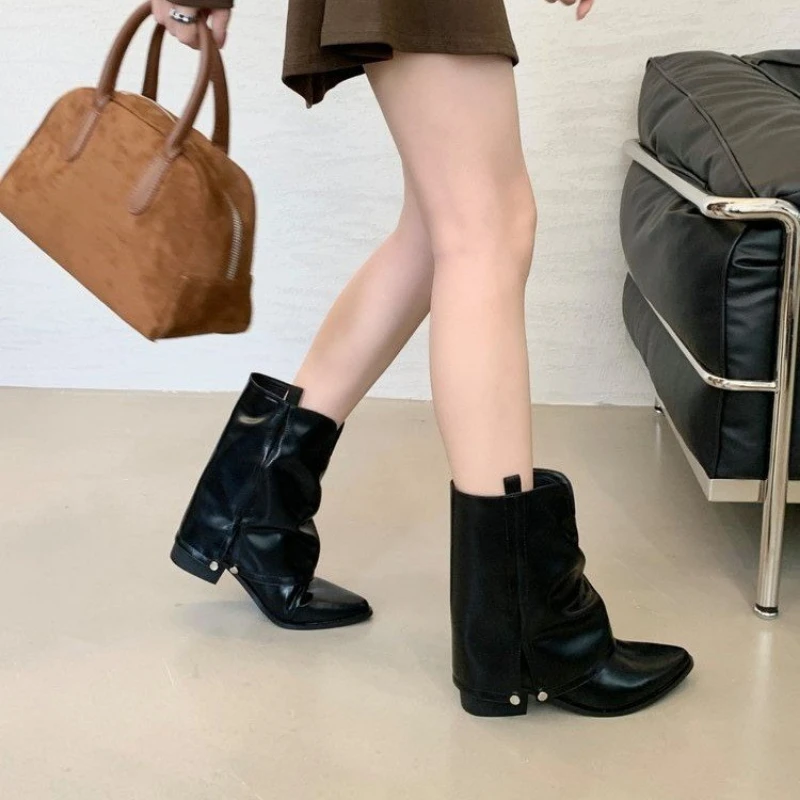 ​​2025 New Women's Western Cowboy Boots - Mid Calf Pointed Toe Chunky Heel Vintage Leather Boots for Women Autumn Winter Boots - 4