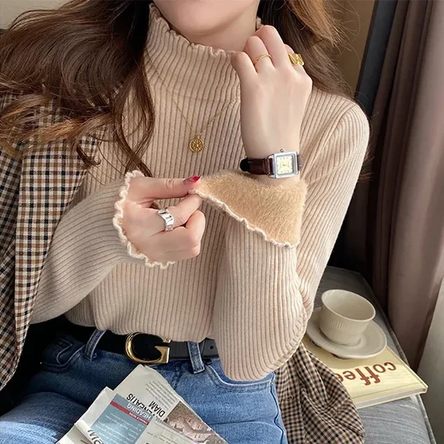 Otoño Invierno mujer volantes suéter de cuello simulado grueso polar cálido jersey térmico para mujer suéter de cachemira 2024