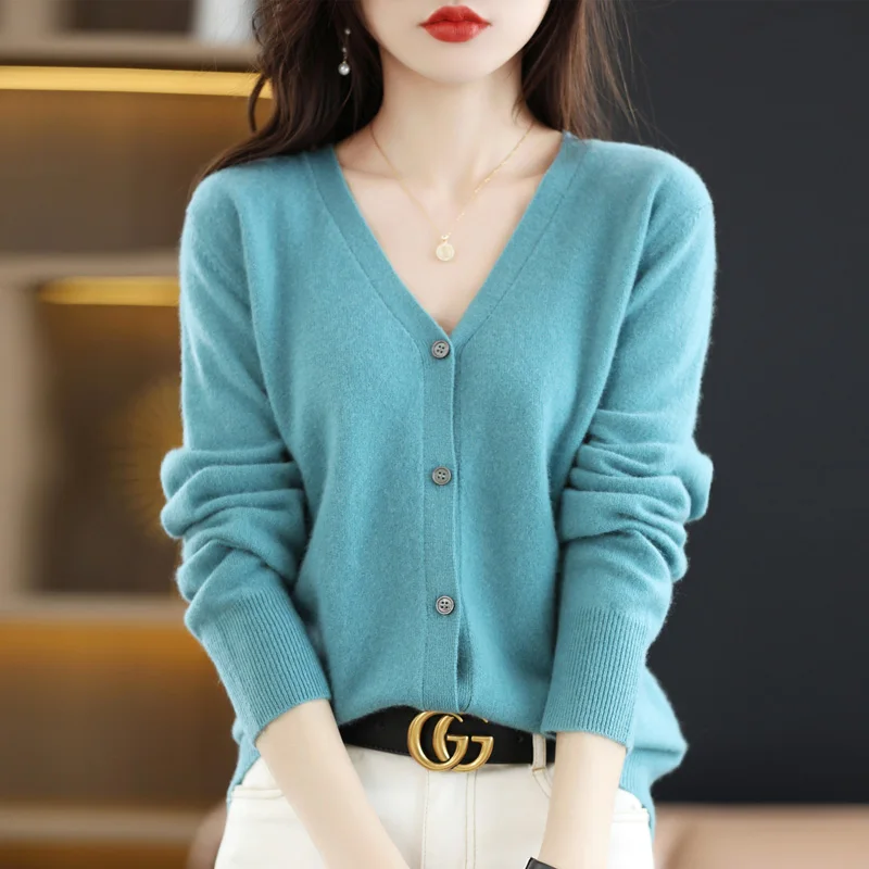 

Spring Autumn Winter Women's Chic Wool Knit Cardigan Loose V-Neck Long Sleeves Solid Color Soft Fashion Casual Sweater Jacket
