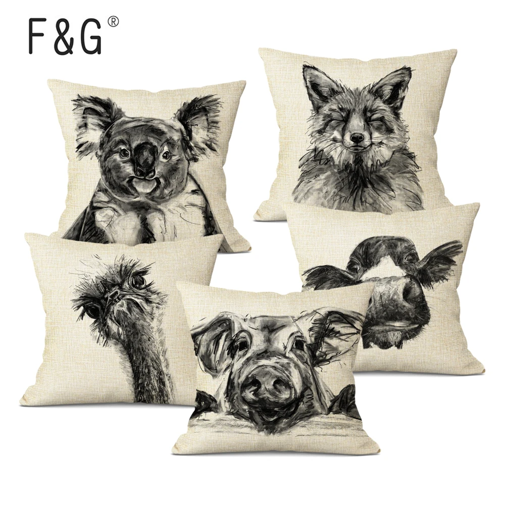 

Hand Drawn Sketch Animals Cushion Cover Black White Cute Pig Printed Decorative Pillowcase Sofa Home Decor Linen Pillow Case