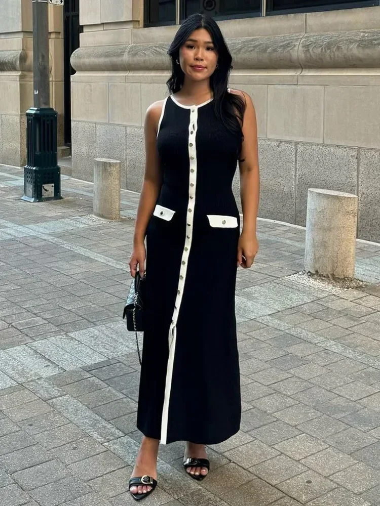 Elegant Knit Ribbed Long Dress For Women Slim Fashion Sleeveless Patchwork High Waist Pocket Dress Women's Maxi Dress 2024