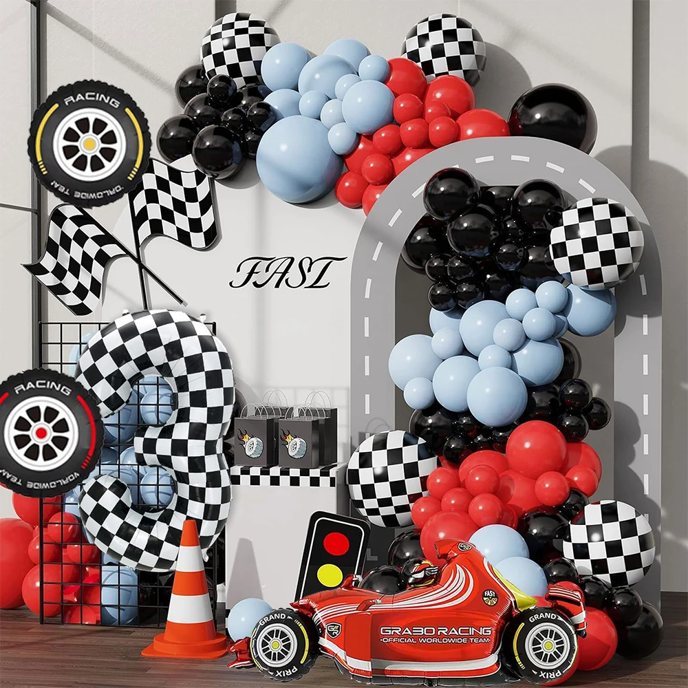 Rennparty, Rennstrecke, Bodenläufer, schwarz, weiß, karierte Foliennummer, Hot Wheel-Luftballons, Kinder, Formel 1, Rennwagen, Geburtstagsdekorationen – Detail 18