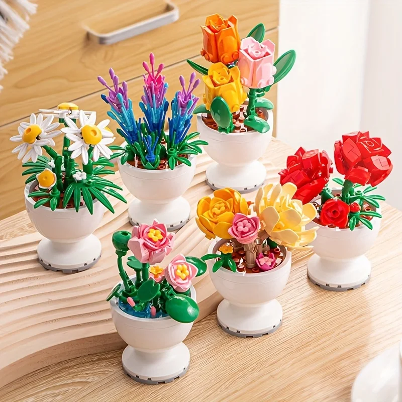 2024 Desktop Flowers Blocks Lotus Flower Pot Tree Peony Daisy Botanical Collection Creative Build And Display Set Per Adulti