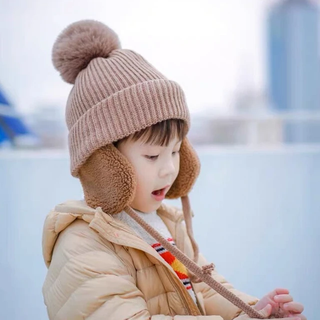 Chapeau en laine pour enfants, bonnet d'oreille chaud pour bébé garçon et  fille, mignon, boule de laine, tout à la mode, 2-8 ans, hiver - AliExpress