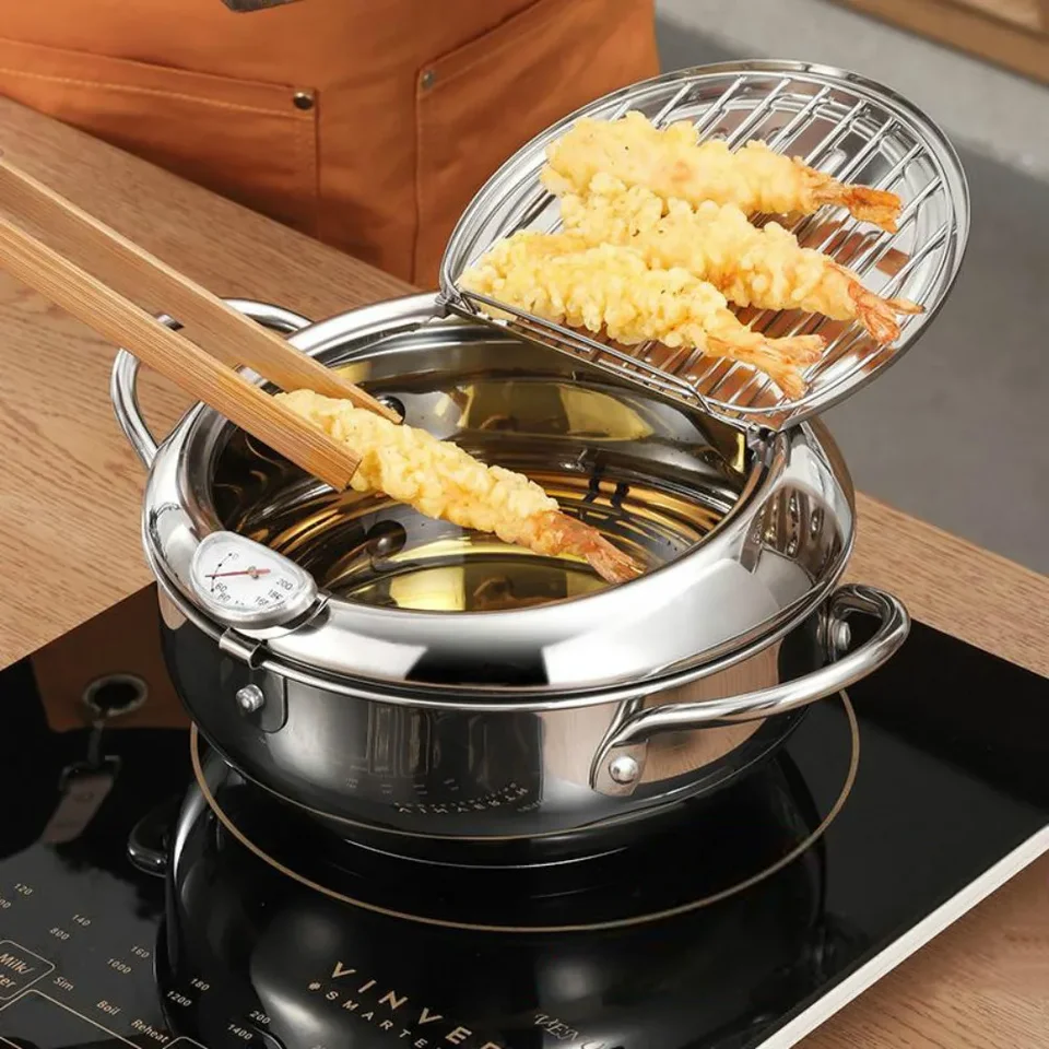 Friteuse Pot, Japanse Stijl Mini Roestvrij Staal Frituurpan Temperatuur Gecontroleerde Huishouden Tempura Koekenpan Thermometer Inductie Kookplaat Compatibel 24Cm