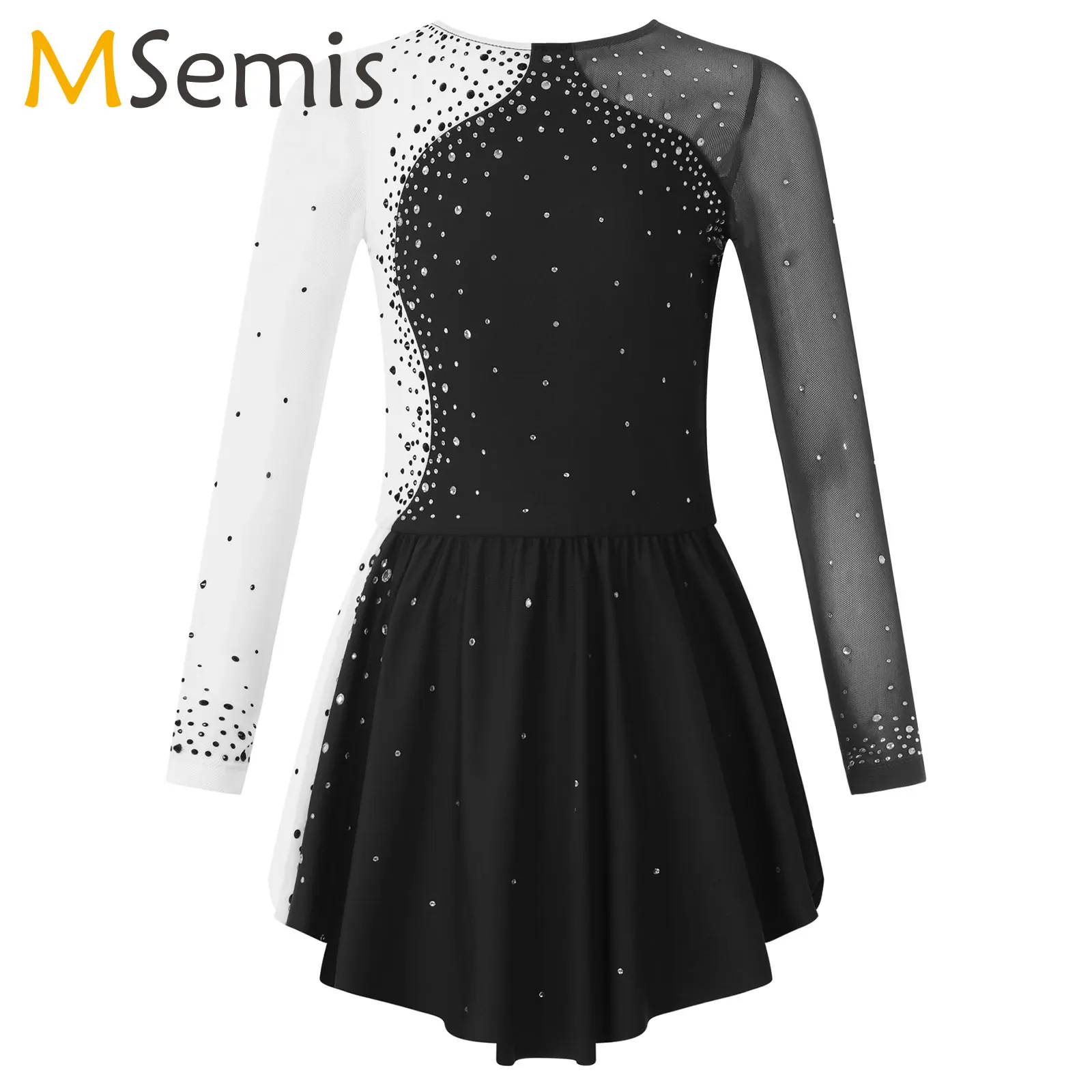 

Rhinestone Ballet Gymnastics Leotard Dress Kid Girls Long Sleeve Mesh Splice Figure Ice Skating Dress Performance Dance Costumes