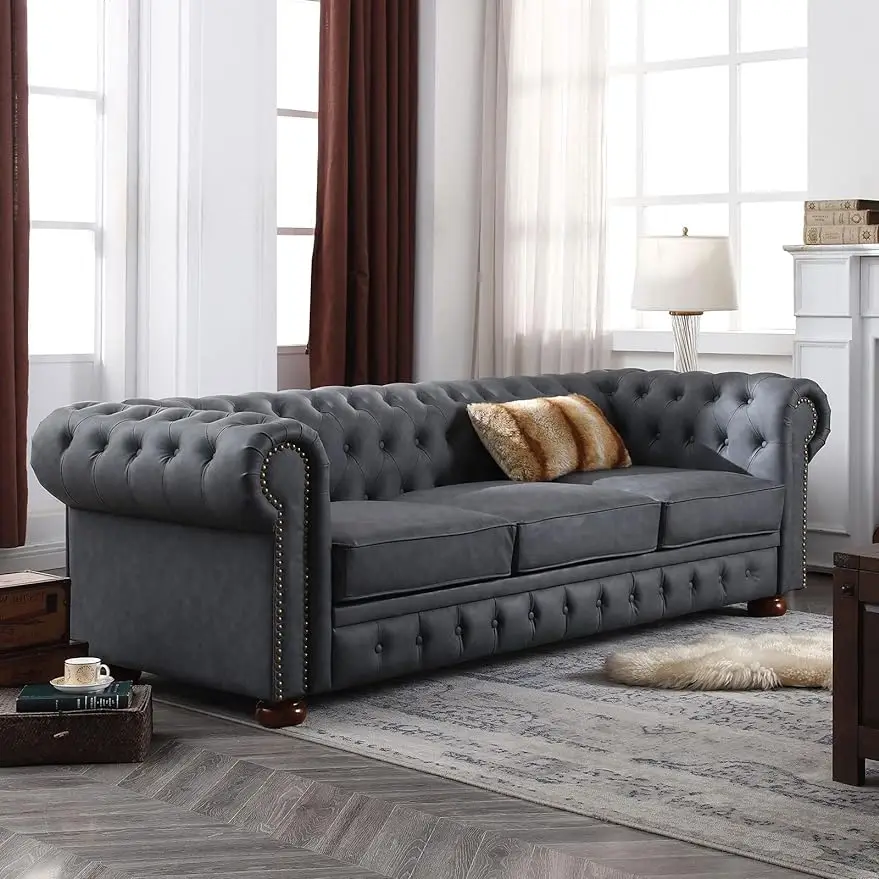 

Leather Couches for Living Room, 3 Seater Classic Chesterfield Sofa Couch with Button Tufted Back and Roll Arms,Dark Grey