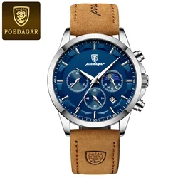Luxury Men's Waterproof Chronograph Quartz Watch with Luminous Date and Leather Strap (Silver Blue L)