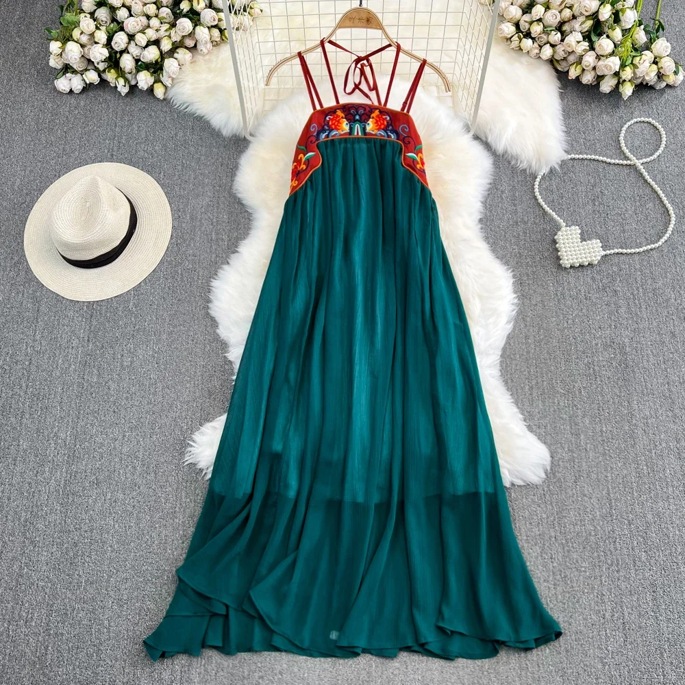 

Vintage Chiffon Floral Embroidery Long Dress Summer Vestidos Boho Beach Wear Sleeveless Backless Strap Dresses For Women Robe