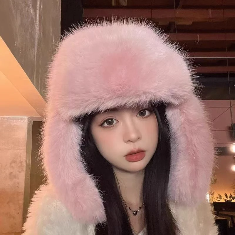Winter Plush Faux Fur Hat for Women Thick Fluffy Ear Protection Cap Windproof Warm Headgear Bomber Hat Female Panama Russian Cap 4