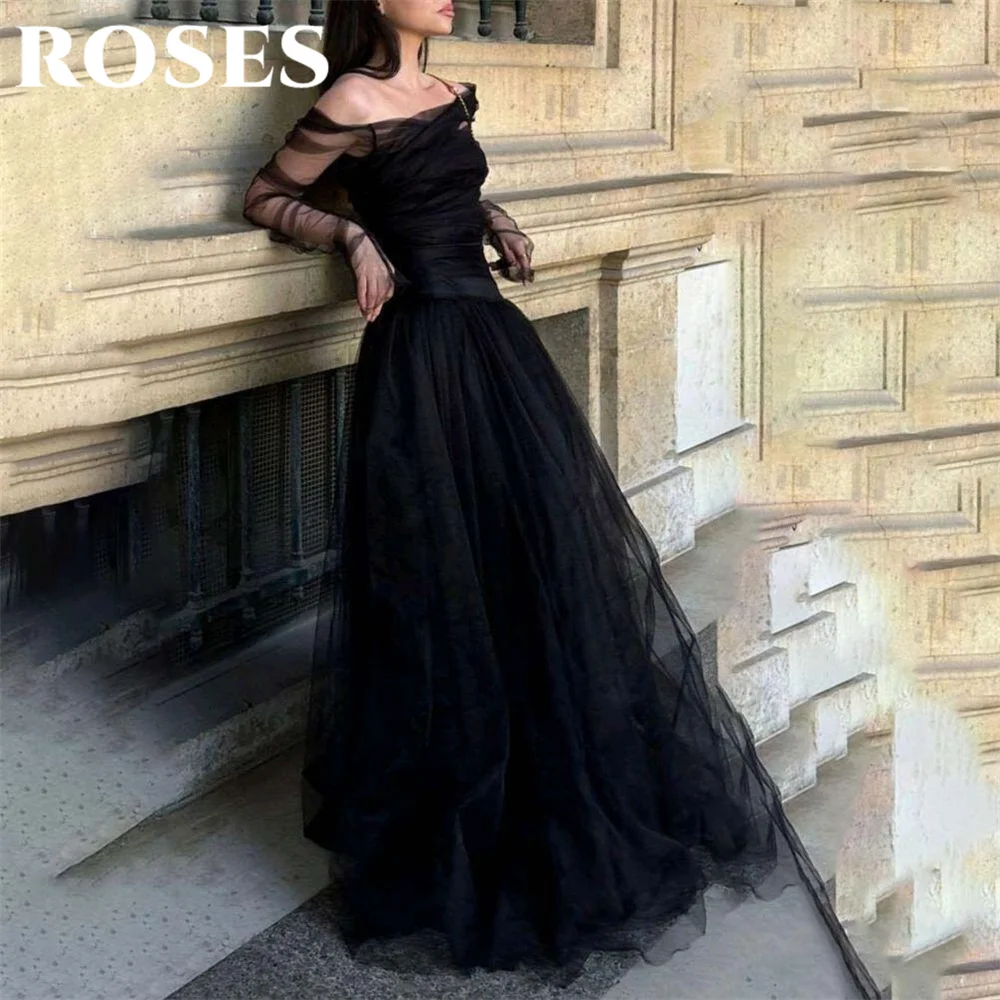 Prom Dresses Beach Net Formal Gown Off the Shoulder Pleats A-line Tulle Evening Dress Gown ROSES Black Elegant 프롬 드레스 Customized