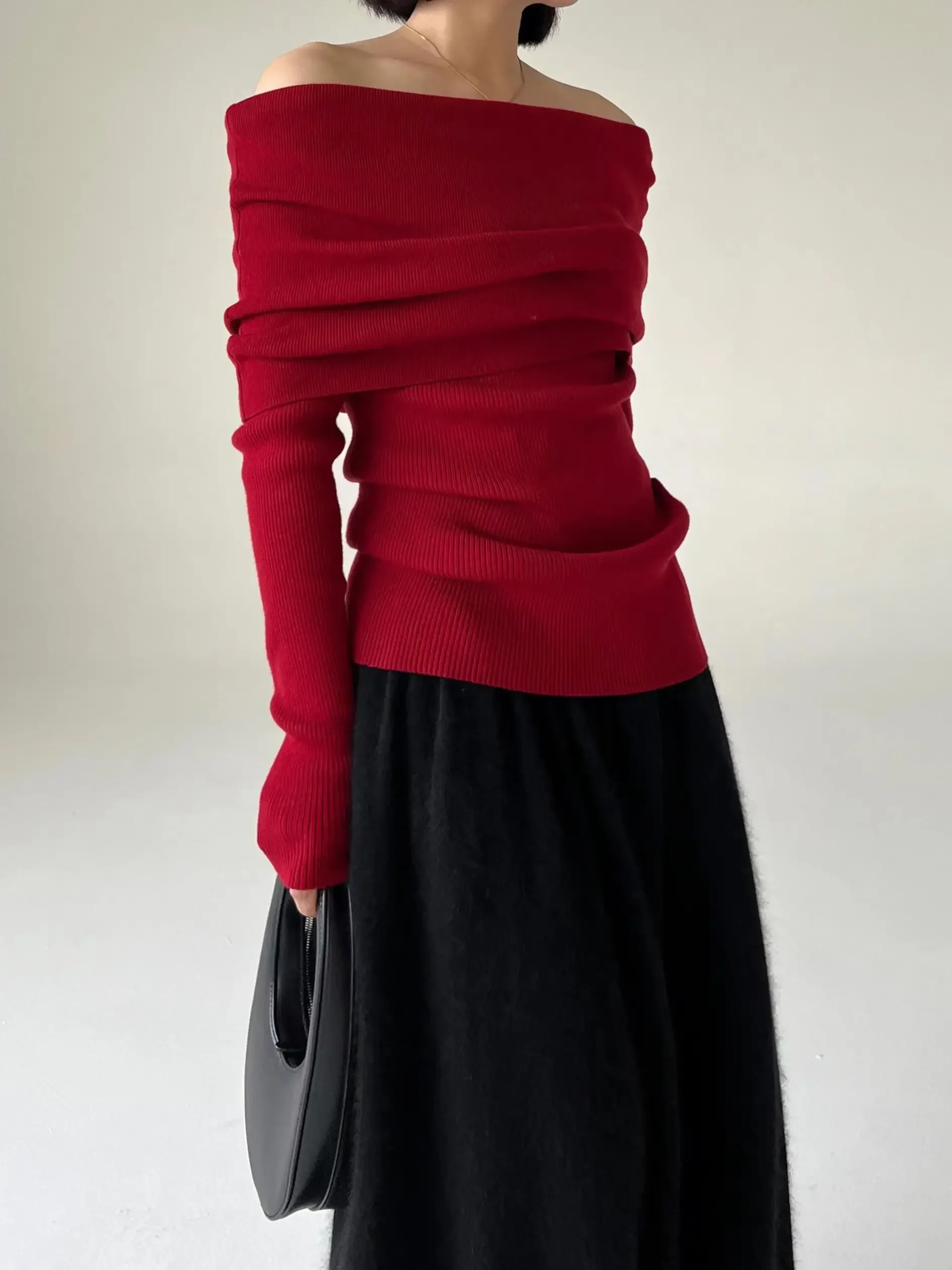 Autumn Winter Off Shoulder Women Sweaters Elegant Vintage Knitted Solid Jumper High Stretch Top Soft Chic Pullovers 2025 2