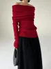 Autumn Winter Off Shoulder Women Sweaters Elegant Vintage Knitted Solid Jumper High Stretch Top Soft Chic Pullovers 2025 2