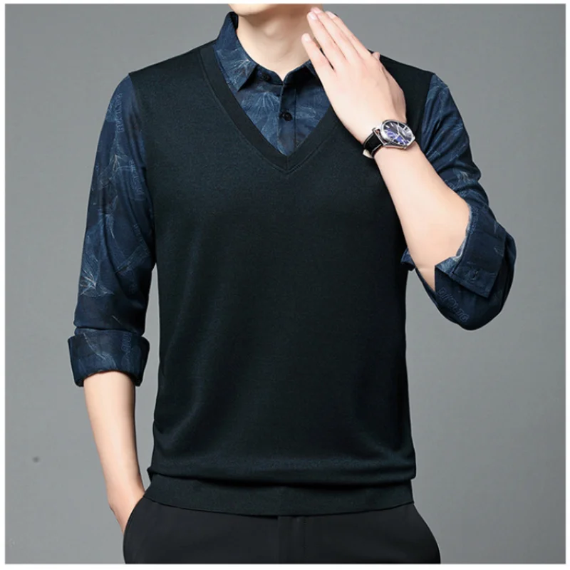 New Autumn Winter Fashion Trend Solid Color Striped Polo Collar Fake Two Piece Long Sleeve Simple Casual Men's Loose Sweater Top