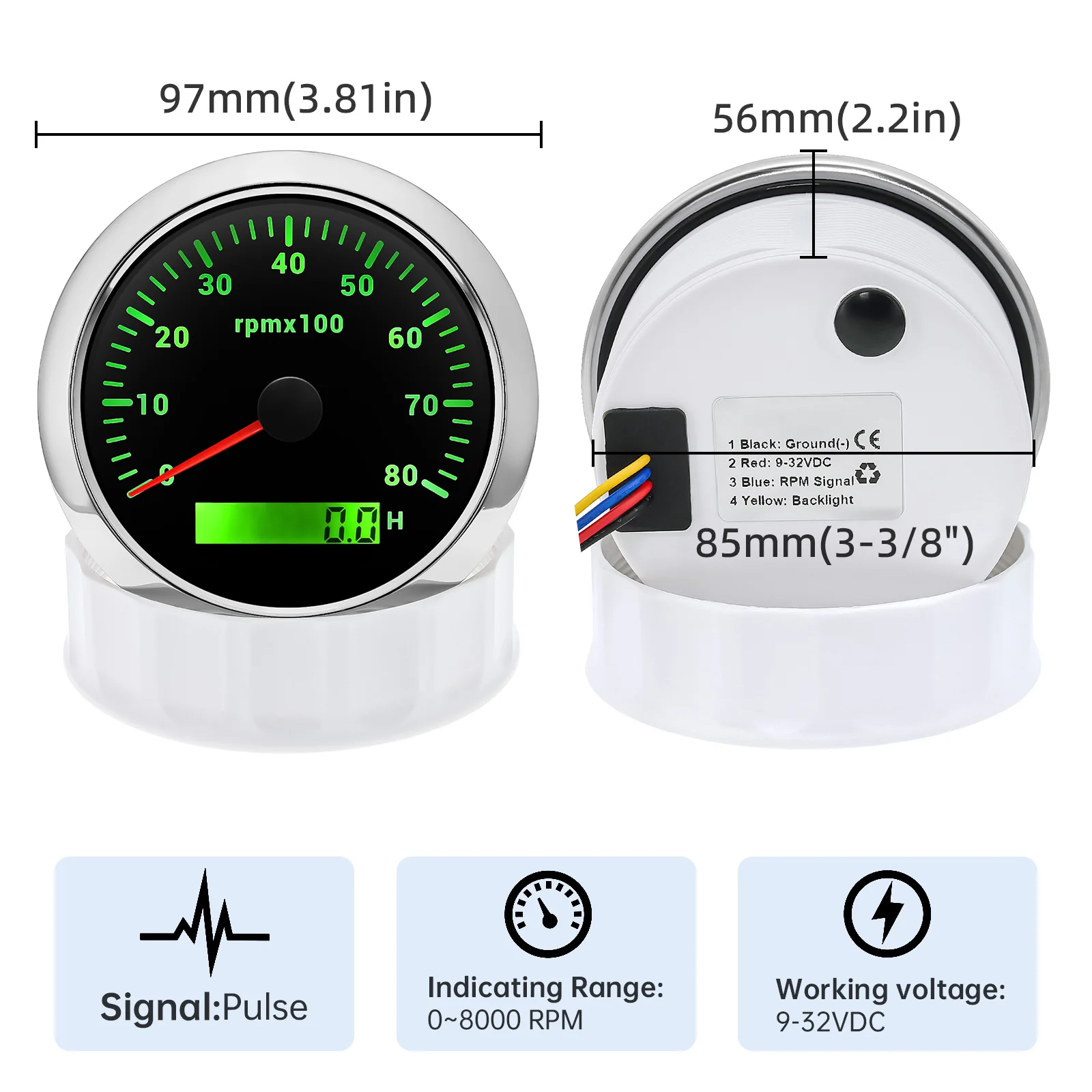 범용 가솔린 자동차 타코미터 LCD 8000 RPM 게이지, 2, 4, 6, 8, 10, 12 실린더 자동차 엔진용, 85mm 타코 계량기, 전기 12V