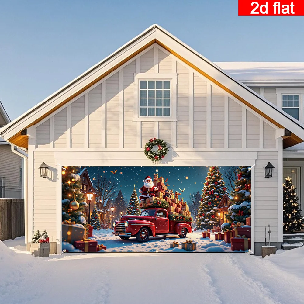 2D flaches 1-teiliges Weihnachts-Garagentor-Banner, roter Retro-LKW und Weihnachtsschlitten – eine verschneite Winterszene, perfekt für Weihnachten – Detail 7