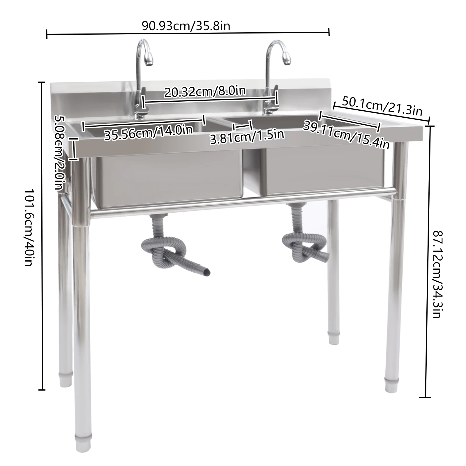 Commercial Stainless Steel Sink 2 Compartment Free Standing Utility Sink for Garage Restaurant