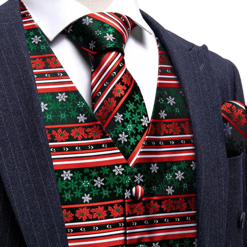 

Luxury Christmas Vest for Men Silk Red Green White Snowflake Stripes Waistcoat Tie Bowtie Set Festival Happy Party Barry Wang