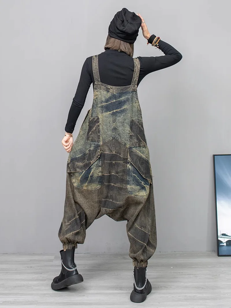 Cool Do The Old Denim Strap Pants Women's 2024 Spring Youthful-Looking Loose High Waist Slimming Big Crotch One-Piece Jumpsuit