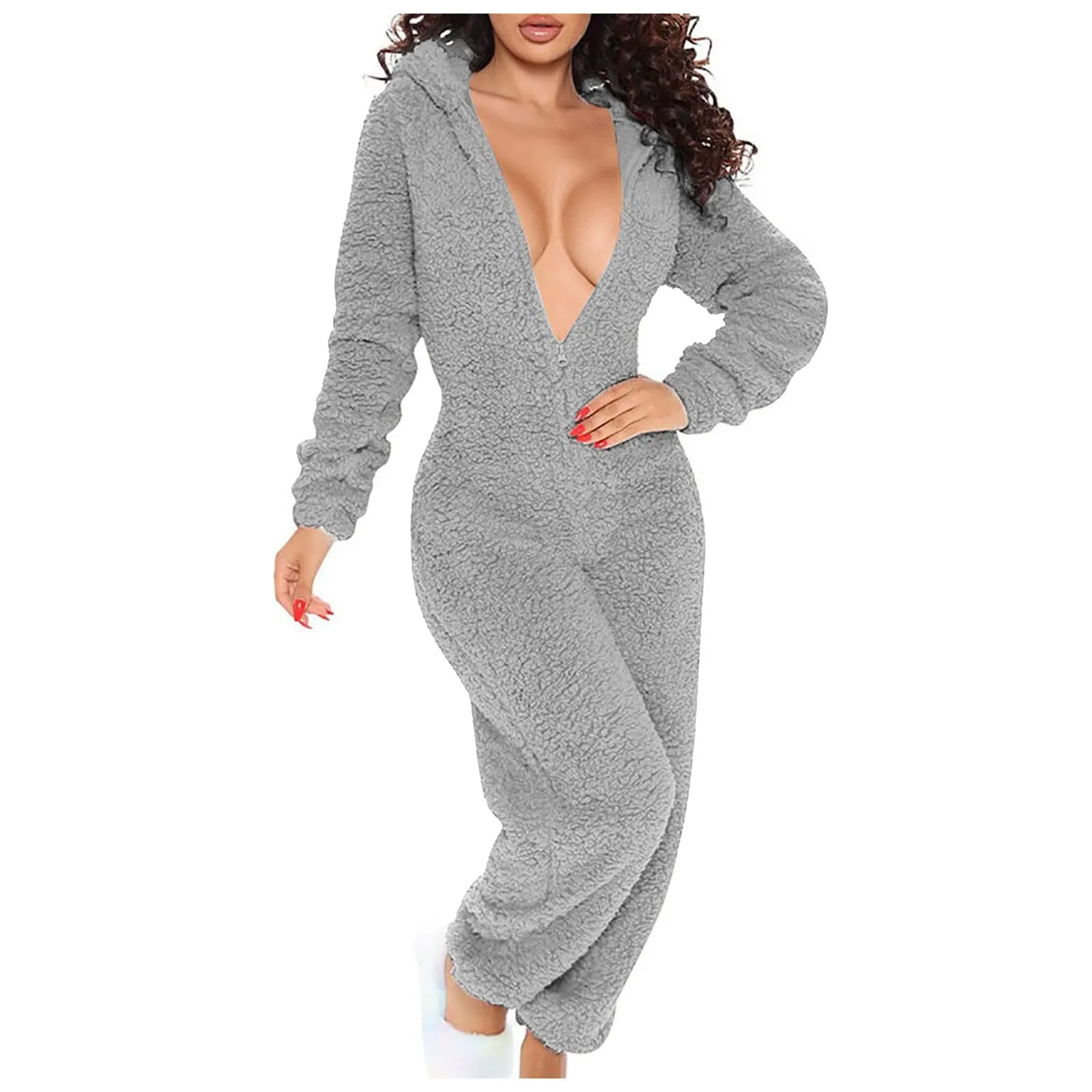 

Women'S Long Sleeved Hooded Plush Home Clothes One-Piece Pajamas Clothes Zipper Up Solid Color Warm Onesies Home Pajamas