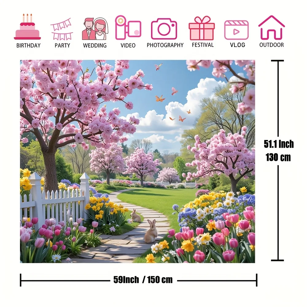 Ein 2D-Flachbanner, ein lebendiger Gartenweg im Frühling, blühende Bäume und Schmetterlinge, perfekt zum Dekorieren Ihres Zuhauses – Detail 10