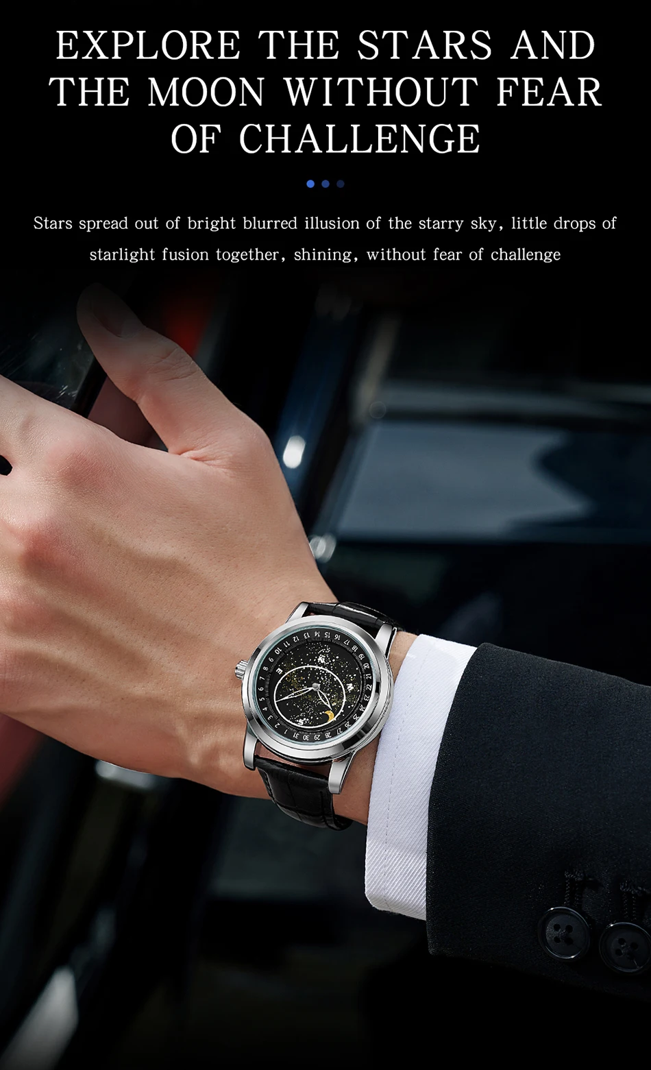 Sanda Men's Watches Quartz Men Watch Luxury Starry Sky Dial Fashion Luminous Waterproof Watches Genuine Leather Strap For Men 7002