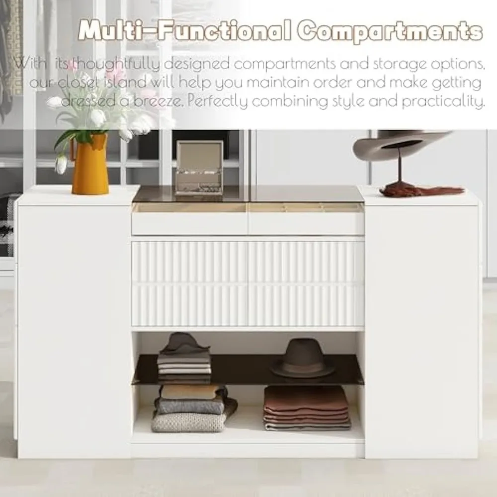 Modern Closet Island with Drawers Glass Top, Multi-Function Armoire Bedroom Island with Display Shelf & 6 Drawers, Wooden Closet 4