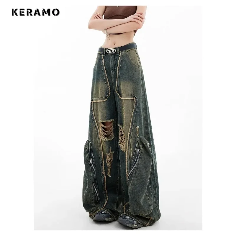 Women's Casual Ripped Harajuku Jeans Y2K Wide Leg Punk Baggy Denim Trouser Autumn Vintage Zipper Emo Loose Washed Pants