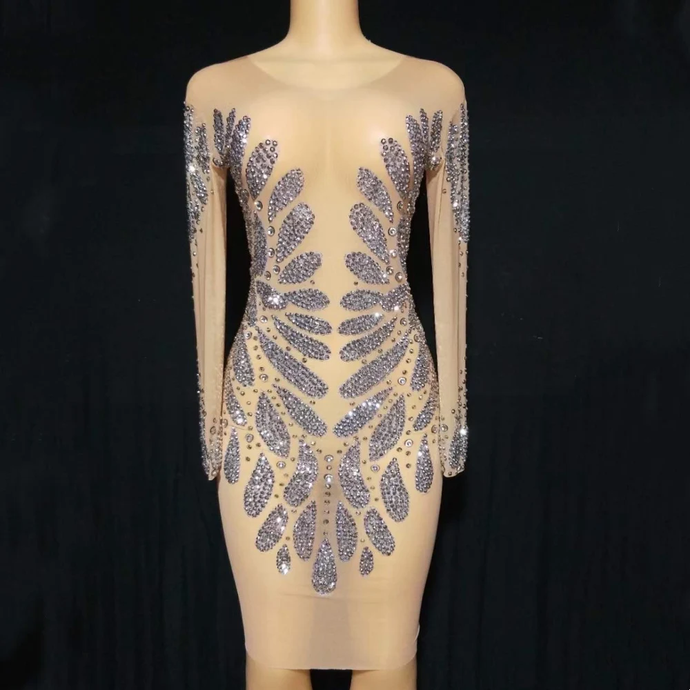 

See Through Party Crystal Dress Women Birthday Celebration Long Sleeve Dress Dancer Wear
