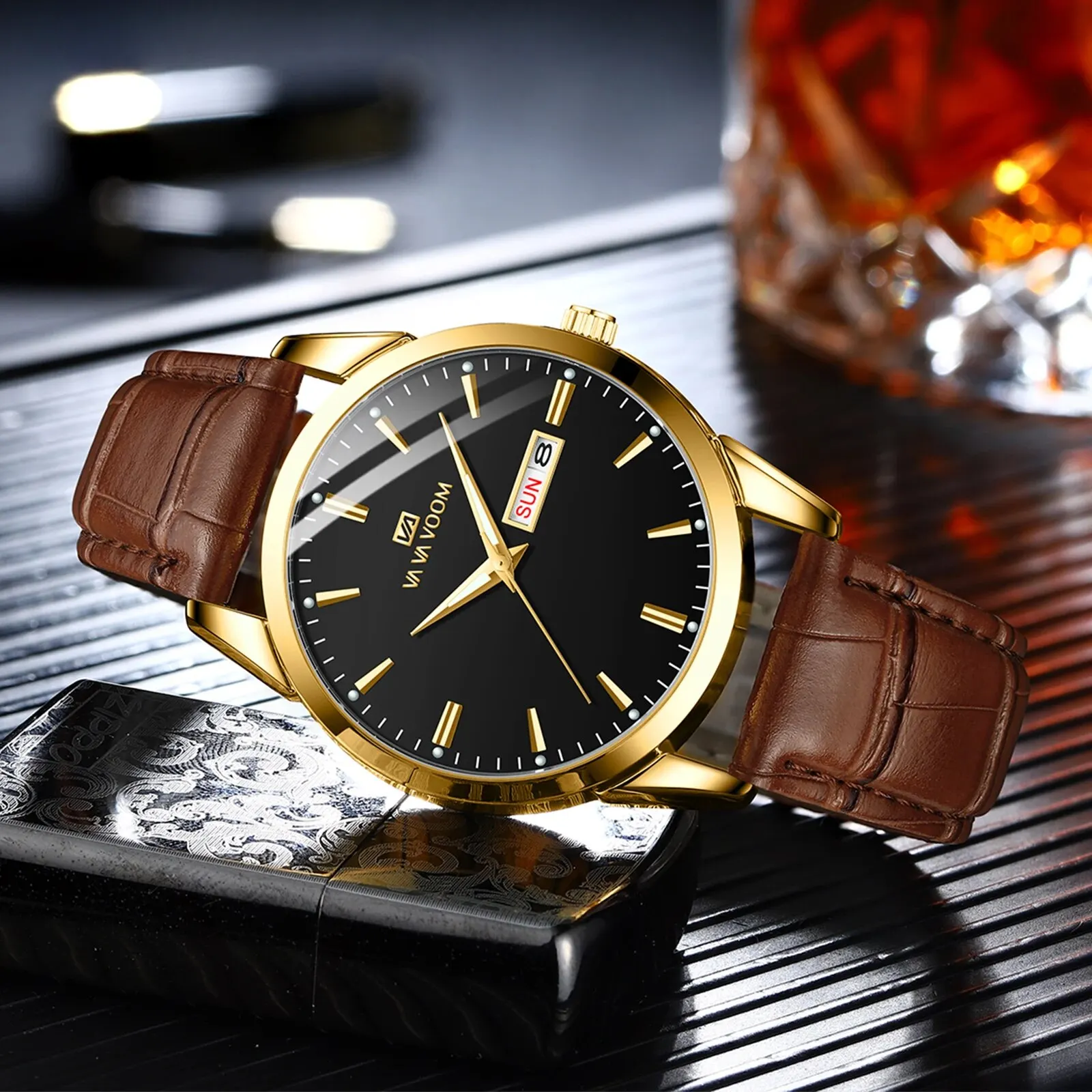 2023 New Men's Business Watch Classic British Style Leather Gold Black Casual Quartz Watch Luxury Glow Men Waterproof Wristwatch 2